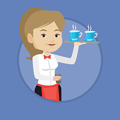 Image showing Waitress holding tray with cups of coffeee or tea.