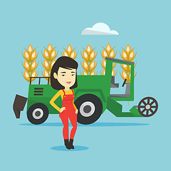 Image showing Farmer standing with combine on background.