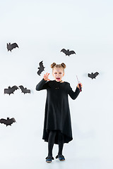 Image showing Little girl witch in black dress over magical accessories. Halloween, the studio evening.