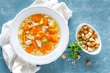 Image showing Chicken soup, bouillon with meat, pasta and vegetables