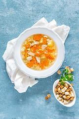 Image showing Chicken soup, bouillon with meat, pasta and vegetables