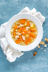 Image showing Chicken soup, bouillon with meat, pasta and vegetables