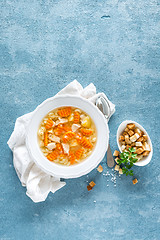 Image showing Chicken soup, bouillon with meat, pasta and vegetables