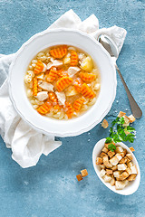 Image showing Chicken soup, bouillon with meat, pasta and vegetables