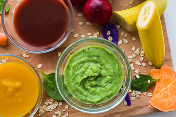 Image showing vegetable puree or baby food in glass bowls