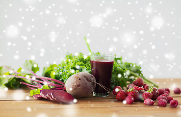 Image showing glass of beetroot juice, fruits and vegetables