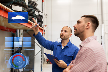 Image showing auto mechanic with clipboard and man at car shop