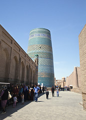 Image showing KHIVA, UZBEKISTA,N - MAY 01, 2014: Street of Khiva with Kalta Minor Minaret vew