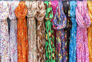 Image showing Colorful scarves on an oriental bazaar market