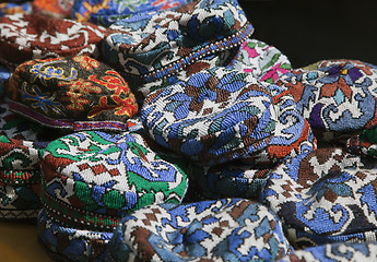 Image showing The traditional Uzbek cap, named tubeteika, on a market