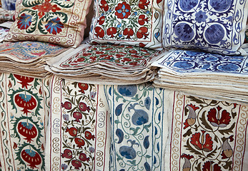 Image showing Traditional uzbek suzani embroidery fabrics at oriental bazaar