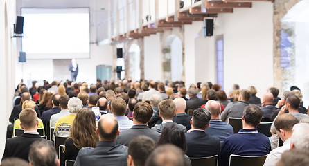 Image showing Business speaker giving a talk at business conference event.