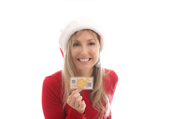 Image showing Happy woman with her cryptocurrency coin and digital wallet conc