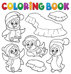 Image showing Coloring book happy winter penguins
