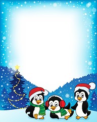 Image showing Christmas penguins thematic frame 1