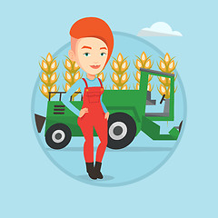 Image showing Farmer standing with combine on background.