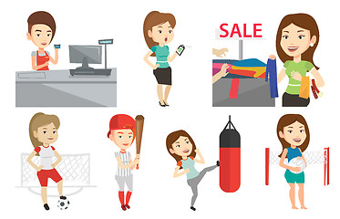 Image showing Vector set of shopping people and sportswomen.