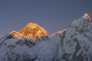 Image showing Everest and Nuptse summits at sunset or sunrise