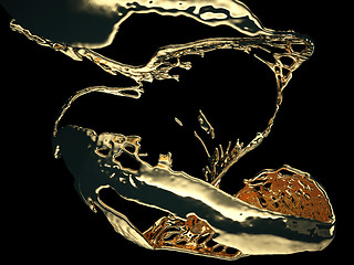 Image showing Liquid gold or oil splatter and splashes isolated on black