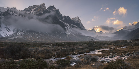 Image showing Pheriche valley with Taboche and cholatse peaks