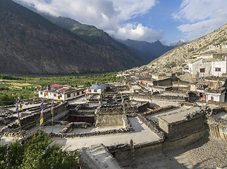 Image showing Marpha village and apple gardens in Mustang