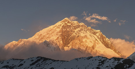 Image showing Nuptse summit or peak at sunset or sunrise