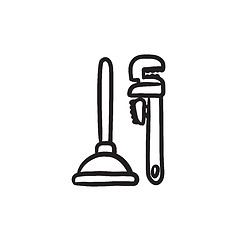 Image showing Pipe wrenches and plunger sketch icon.