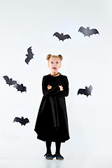 Image showing Little girl witch in black dress over magical accessories. Halloween, the studio evening.