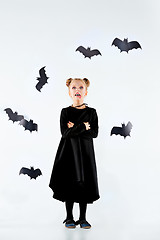 Image showing Little girl witch in black dress over magical accessories. Halloween, the studio evening.