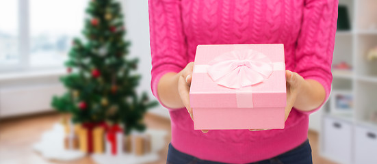 Image showing close up of woman hands holding christmas gift