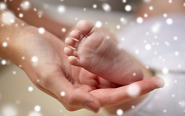 Image showing close up of newborn baby feet in mother hands