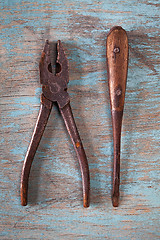 Image showing Vintage tools on a blue wooden background