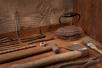 Image showing Collection of vintage tools on a blue wooden background