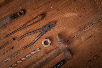 Image showing Collection of vintage tools on wooden background