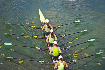 Image showing Team of rowing Four-oar women in boat 