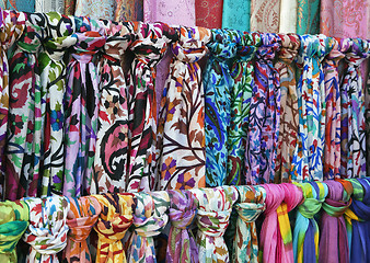 Image showing Colorful scarves on an oriental bazaar market