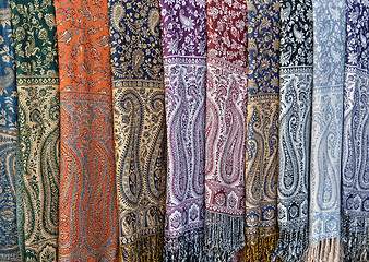 Image showing Colorful scarves on an oriental bazaar market