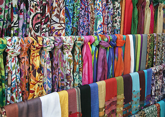 Image showing Colorful scarves on an oriental bazaar market