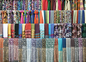 Image showing Colorful scarves on an oriental bazaar market