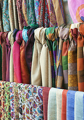 Image showing Colorful scarves on an oriental bazaar market