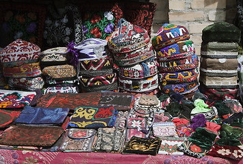 Image showing The traditional Uzbek cap, named tubeteika, on a market