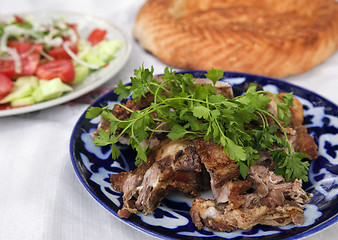 Image showing Traditional Uzbek meal with lamb meat and lavash