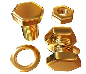 Image showing Gold Bolt with nut. 3d illustration