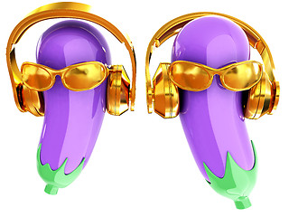 Image showing eggplant with sun glass and headphones front \