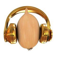 Image showing Ripe onion with gold headphones front \