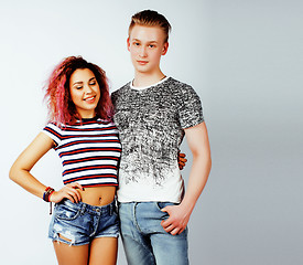 Image showing best friends teenage girl and boy together having fun, posing emotional on white background, couple happy smiling, lifestyle people concept, blond and brunette multi nations