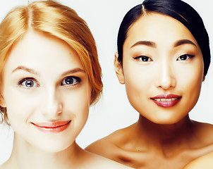 Image showing different woman: asian, caucasian together isolated on white background happy smiling, diverse type of skin, lifestyle people concept