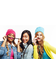 Image showing close up happy smiling diverse nation girls group, teenage frien