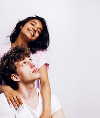 Image showing best friends teenage girl and boy together having fun, posing emotional on white background, couple happy smiling, lifestyle people concept, blond and brunette multi nations