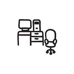Image showing Computer set with table and chair sketch icon.